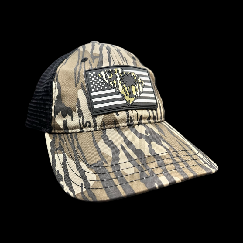 864 Richardson Bottomland Camo Performance PVC Patch Relaxed Trucker Hat