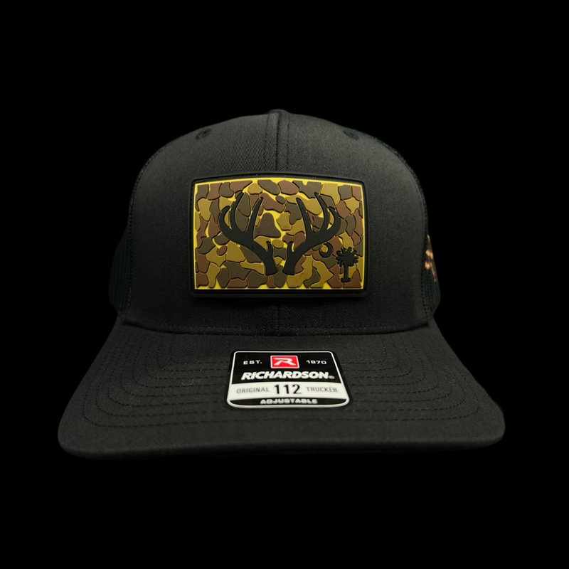 803 Black Old School Camo Antlers PVC Performance Patch Trucker Hat