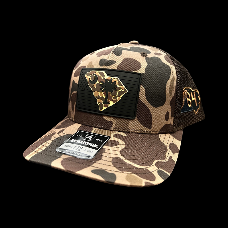 843 Richardson Bark Brown Duck Camo Blackout Performance Patch Lowcountry Trucker