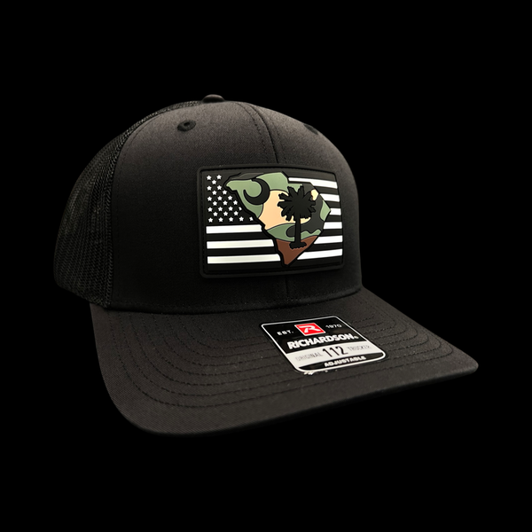 Richardson Performance PVC Patch Army Camo Black Trucker Hat