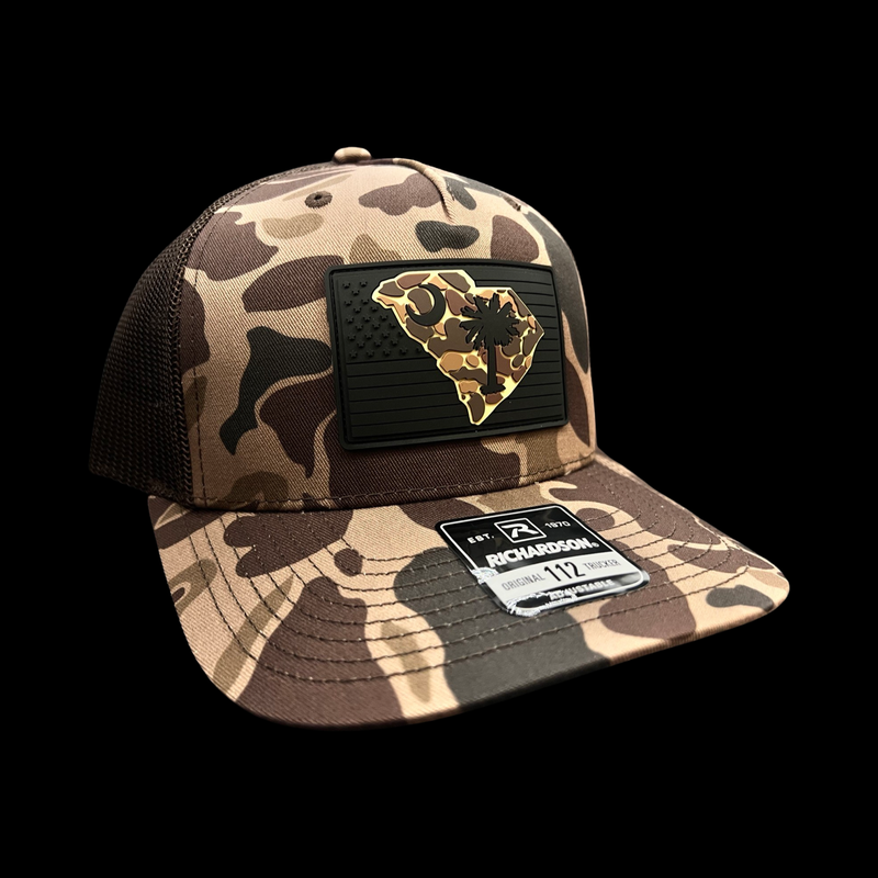843 Richardson Bark Brown Duck Camo Blackout Performance Patch Lowcountry Trucker
