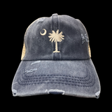 Palmetto Moon Distressed Criss Cross Washed Navy Ponytail Opening Relaxed Trucker Hat