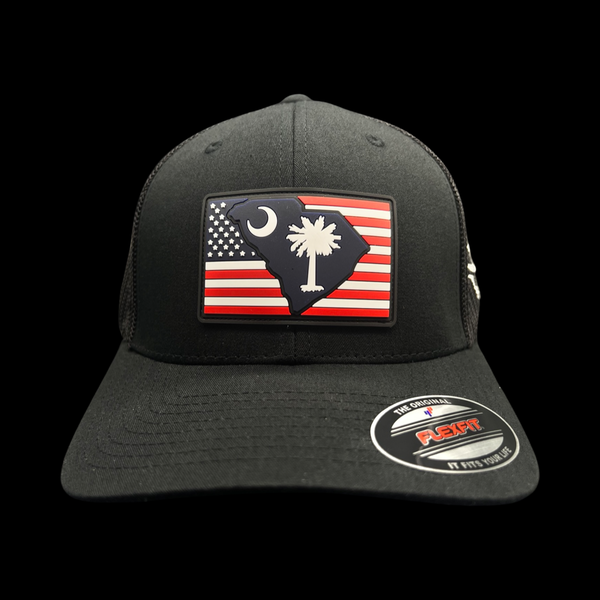 Flexfit Black Old Glory SC State Performance PVC Patch Fitted Trucker Hat