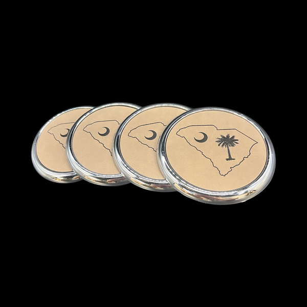 Palmetto Moon State Leather Chrome Laser Etched Coaster Set