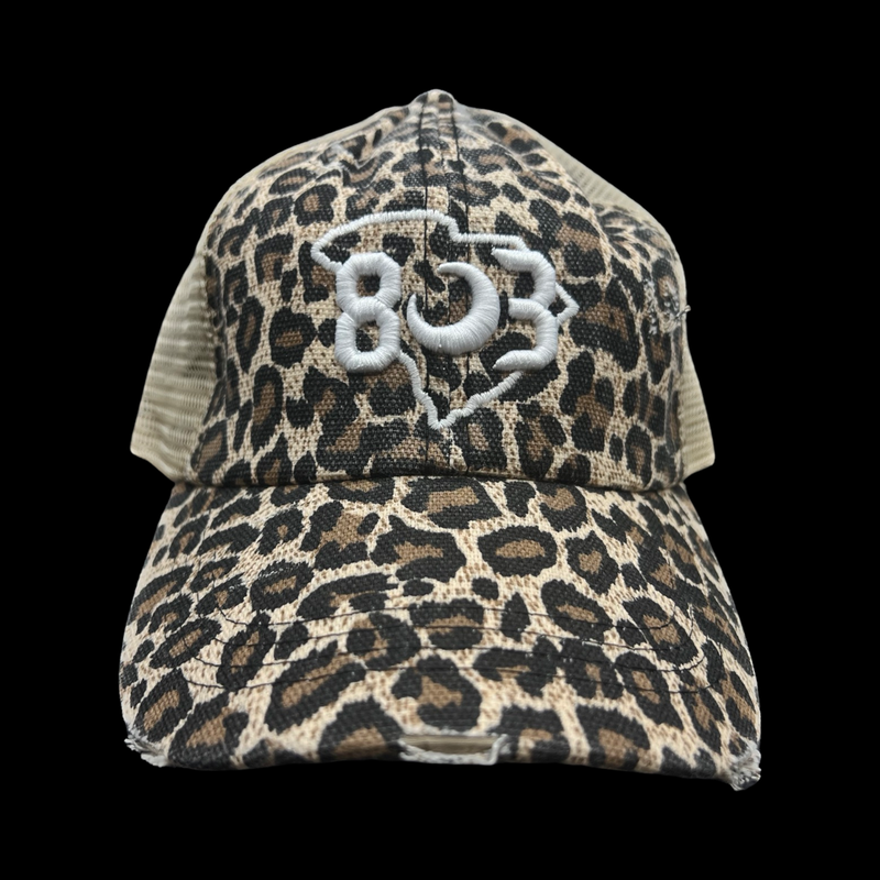803 Distressed Leopard Criss Cross Pony Relaxed Fit Pony Tail Hat