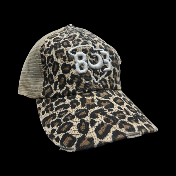 803 Distressed Leopard Criss Cross Pony Relaxed Fit Pony Tail Hat