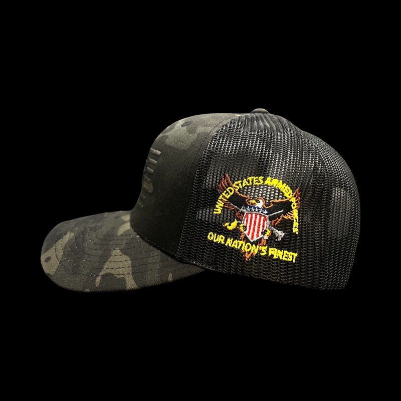 803 America Yupoong Black Camo Military Trucker Hat