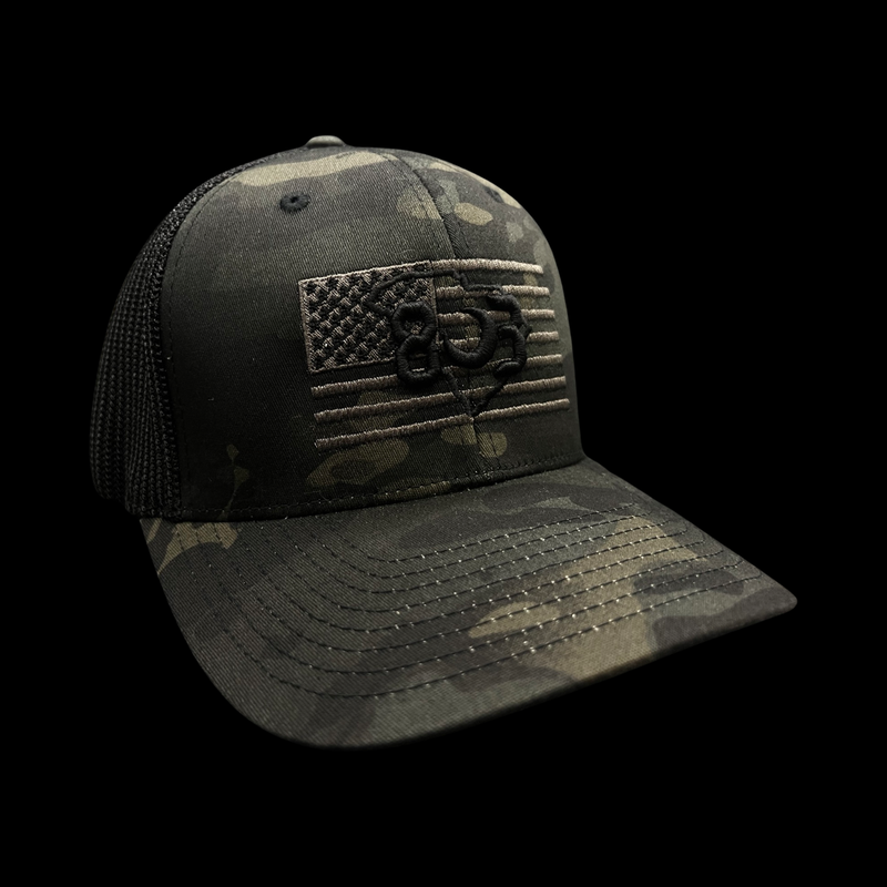 803 America Flexfit Black Camo Fitted Mesh Military Trucker Hat