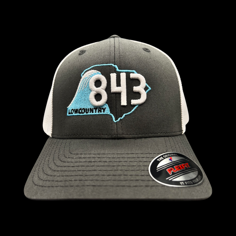 843 Lowcountry Flexfit Charcoal White Fitted Mesh Trucker Hat