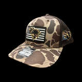 843 Richardson Bark Brown Duck Camo Vintage Black White Performance Patch Lowcountry Trucker