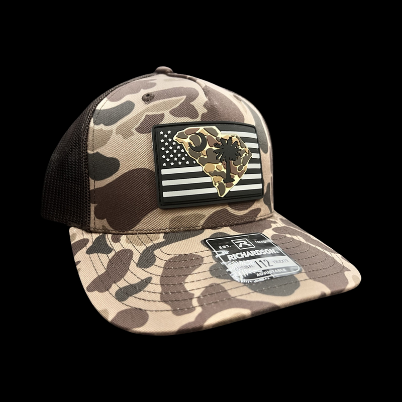 843 Richardson Bark Brown Duck Camo Vintage Black White Performance Patch Lowcountry Trucker