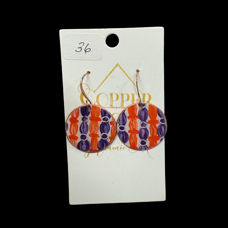 Orange, Purple & White Locally Made Copper Earrings 1”Round