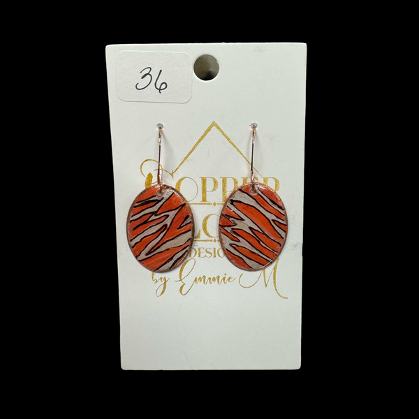 Orange, White & Black Locally Made Copper Earrings 1” Oval