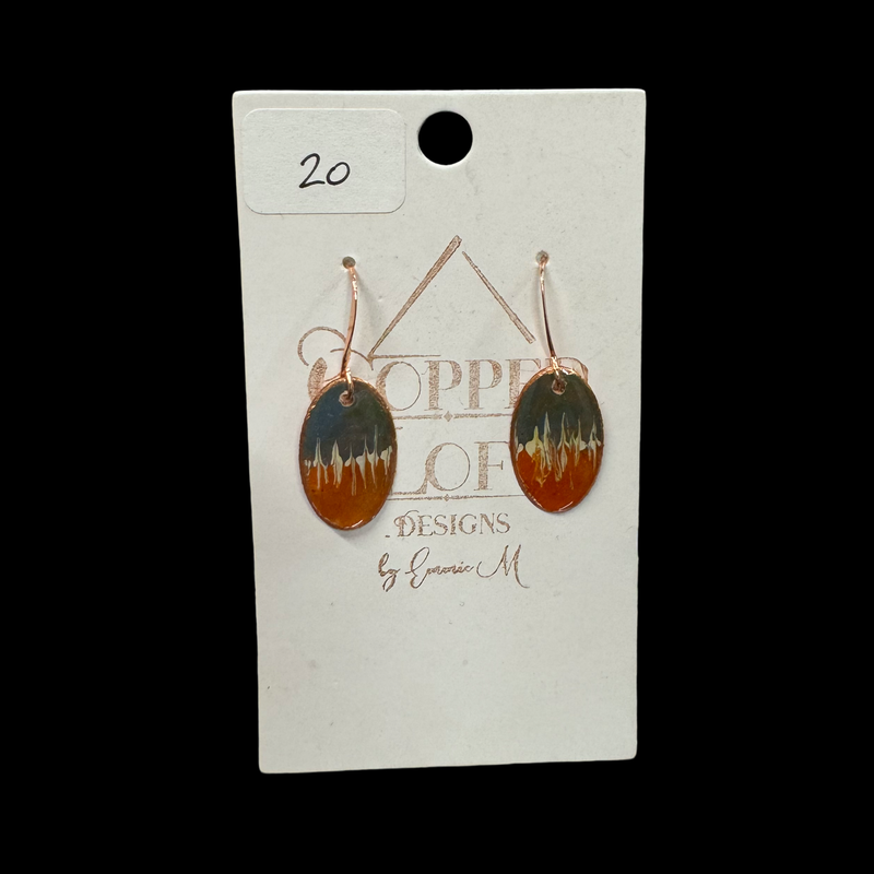 Orange, Gray and Cream  Locally Made Copper Earrings .75” Oval