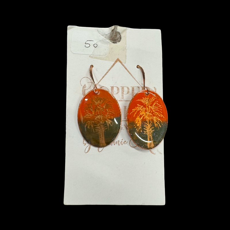 Orange & Shimmer Green Locally Made Copper Earrings 1.25” Oval