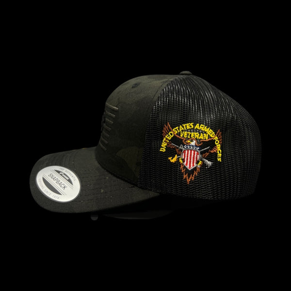 803 America Yupoong Black Camo Military Trucker Hat