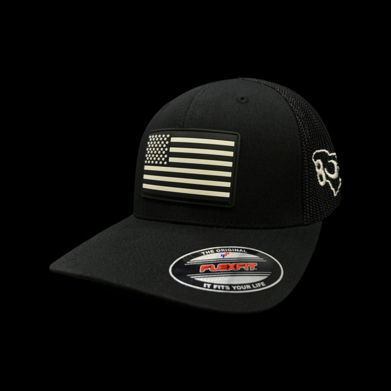 803 Flexfit Vintage Black and White Old Glory PVC Patch Fitted Trucker Hat