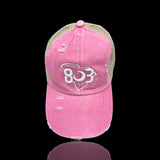 803 Distressed Pink Criss Cross Pony Relaxed Fit Pony Tail Hat