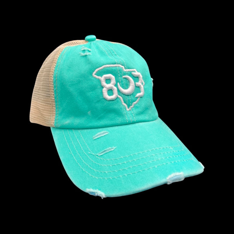 803 Distressed Aqua Criss Cross Pony Relaxed Fit Pony Tail Hat