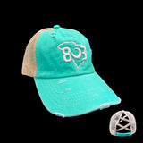 803 Distressed Aqua Criss Cross Pony Relaxed Fit Pony Tail Hat