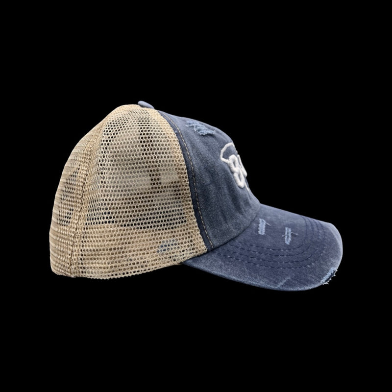 803 Distressed Navy Criss Cross Pony Relaxed Fit Pony Tail Hat