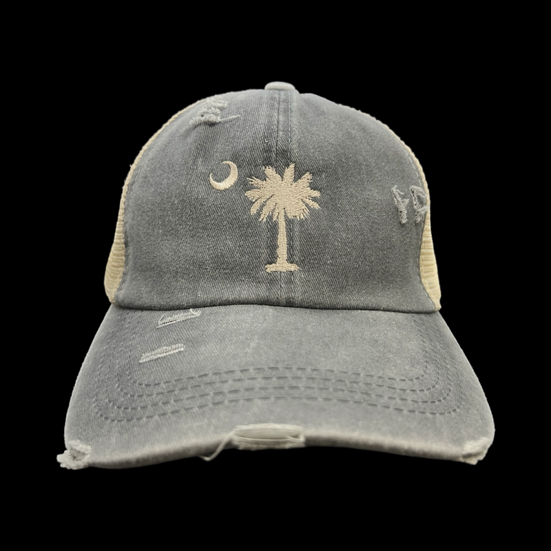 Palmetto Moon Distressed Criss Cross Grey Ponytail Opening Relaxed Ladies Trucker Hat