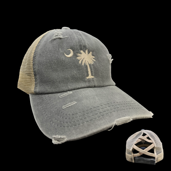 Palmetto Moon Distressed Criss Cross Grey Ponytail Opening Relaxed Ladies Trucker Hat