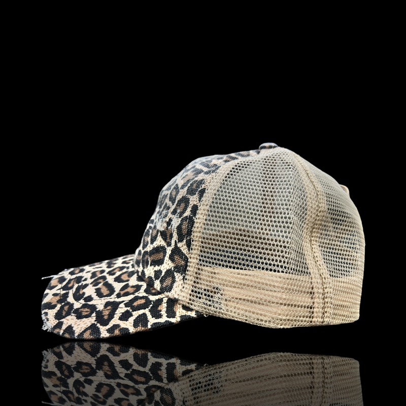 Palmetto Moon Distressed Criss Cross Leopard Print Ponytail Opening Relaxed Trucker Hat