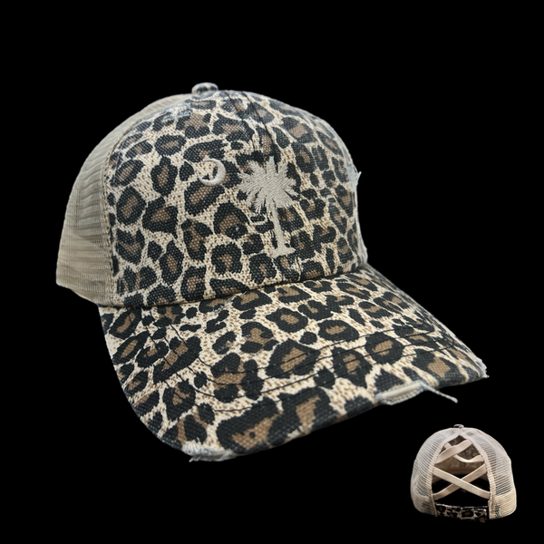 Palmetto Moon Distressed Criss Cross Leopard Print Ponytail Opening Relaxed Trucker Hat
