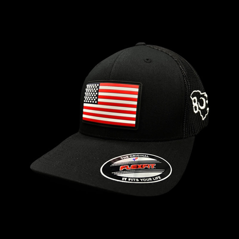 Flexfit Black Old Glory Performance PVC Patch Fitted Trucker Hat