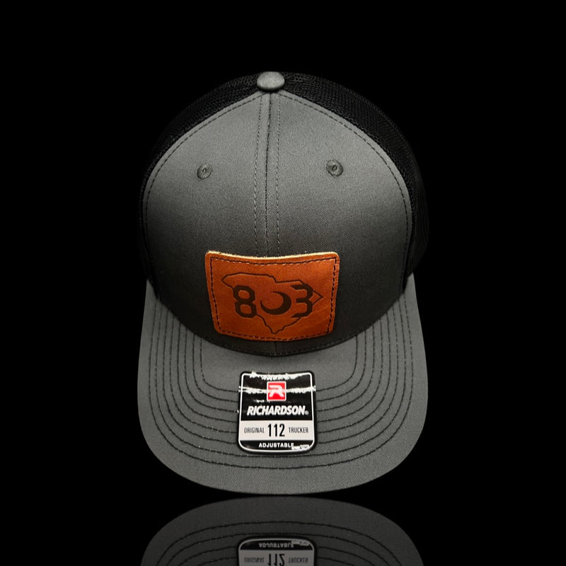 803 Richardson Charcoal Black Genuine Leather Patch Trucker