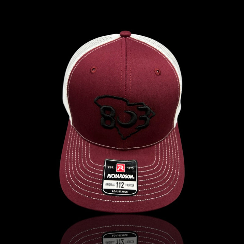 803 Richardson Carolina Garnet White Trucker hat - Black Logo
