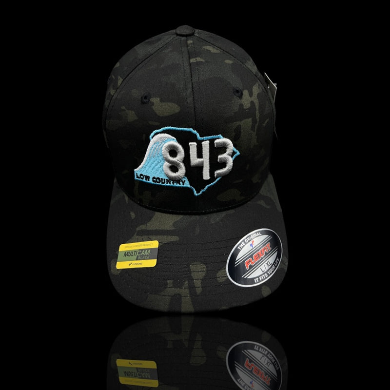843 Lowcountry Flexfit Black Camo-Silver Fitted Cotton Hat (2 Sizes)