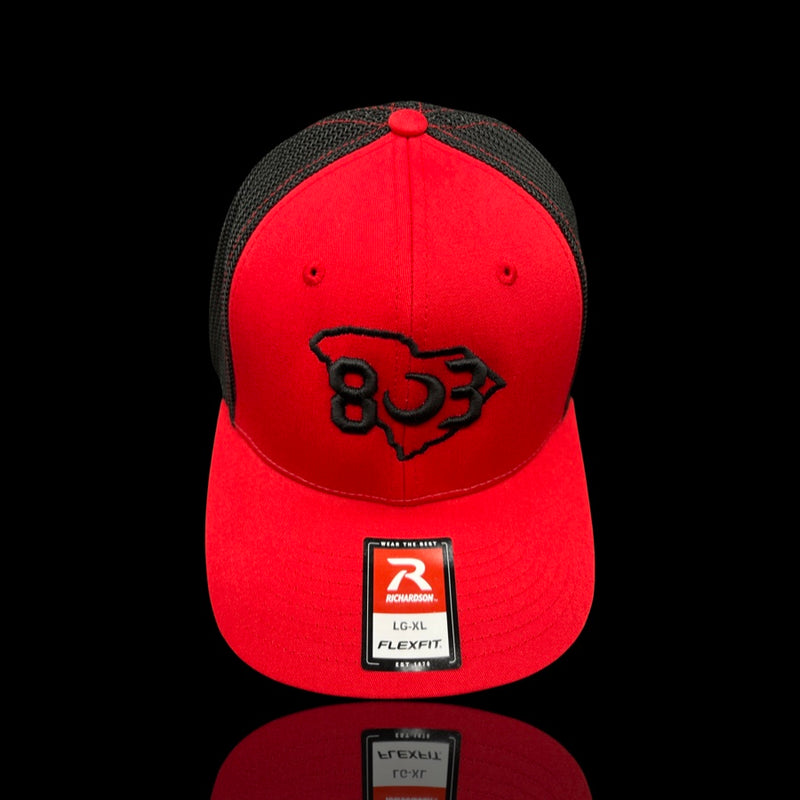 803 Richardson Flex Red Black Fitted Mesh Trucker Hat