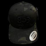 803 Yupoong Black Camo Trucker Hat (2 logo Colors)
