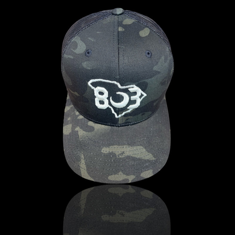 803 Yupoong Black Camo Trucker Hat (2 logo Colors)