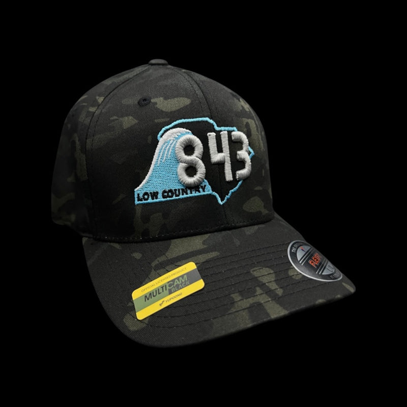 843 Lowcountry Flexfit Black Camo-Silver Fitted Cotton Hat (2 Sizes)